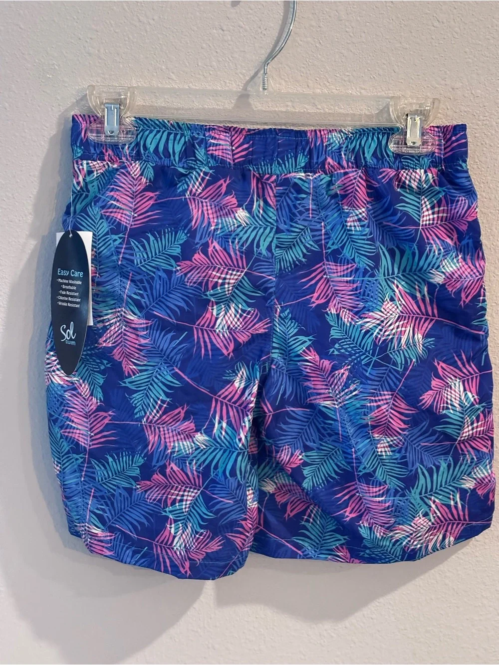 Boys Sol Swim Tropical Swim Trunks, Blue with Pink & Teal Accents, 8 Husky, NWT
